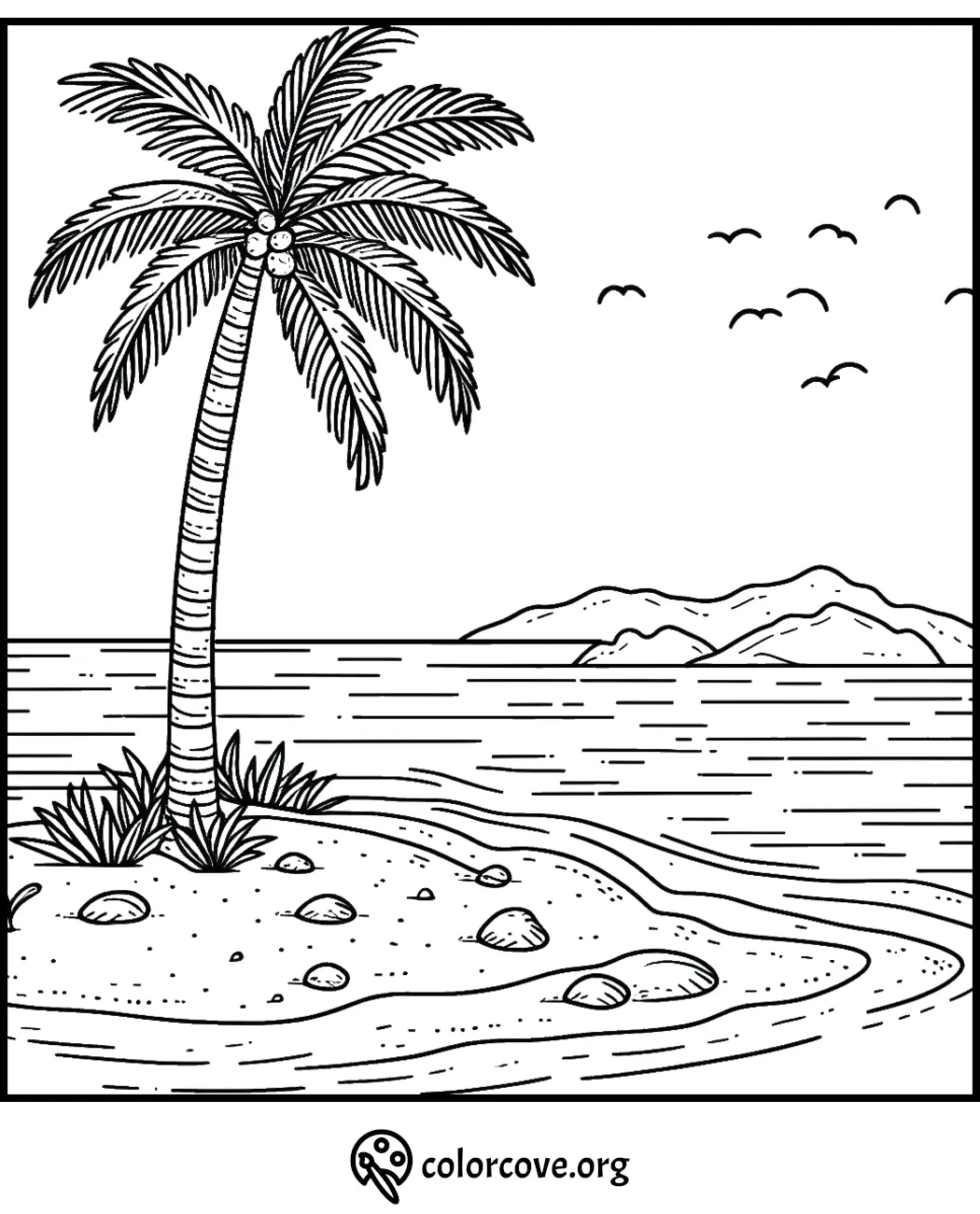 Coloring page of a tropical beach scene with a palm tree, ocean waves, seagulls, and distant islands. ColoringCove.org at the bottom.