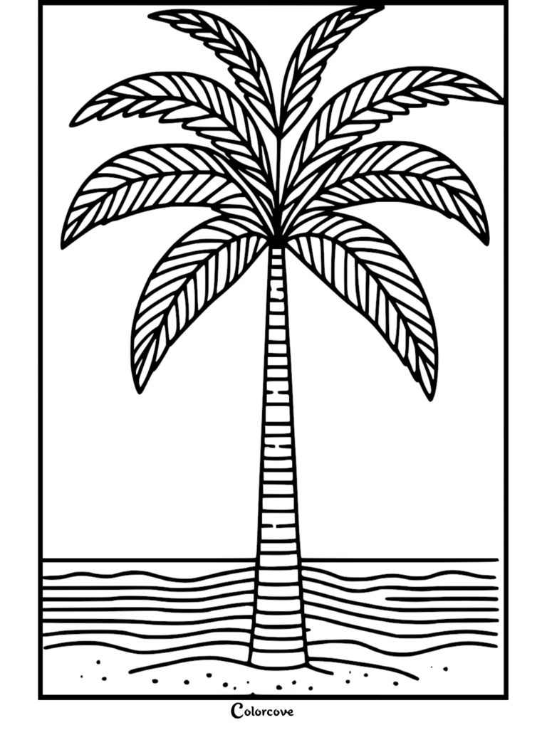 A relaxing palm tree coloring page featuring detailed fronds on a tropical beach.