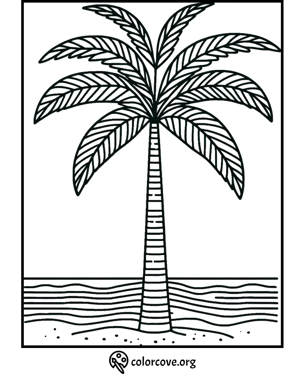 Palm tree coloring page with simple beach waves and sand. Printable tropical landscape for kids' coloring activities.