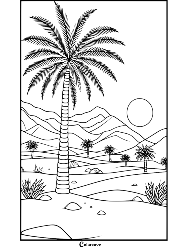 Relaxing Palm Tree coloring page featuring a tropical landscape with mountains and sun