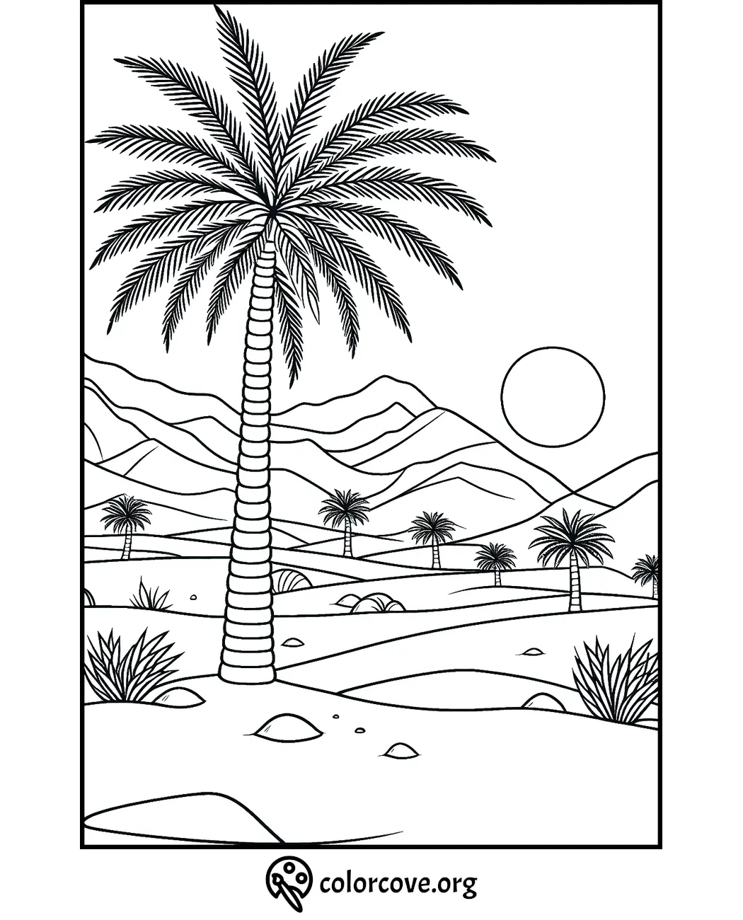 Desert Oasis Coloring Page with Palm Trees and Mountains at Sunset - Free Printable from ColorCove.org