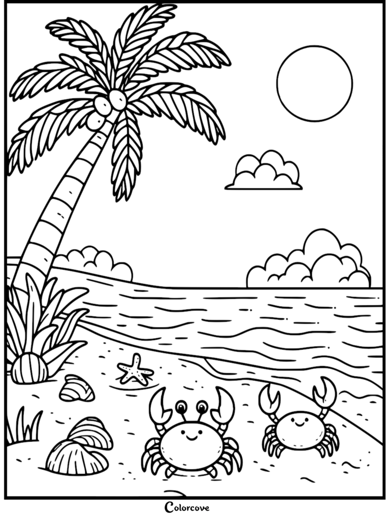 Relaxing palm tree coloring page featuring a tropical beach scene with two cute crabs, seashells, and a smiling sun