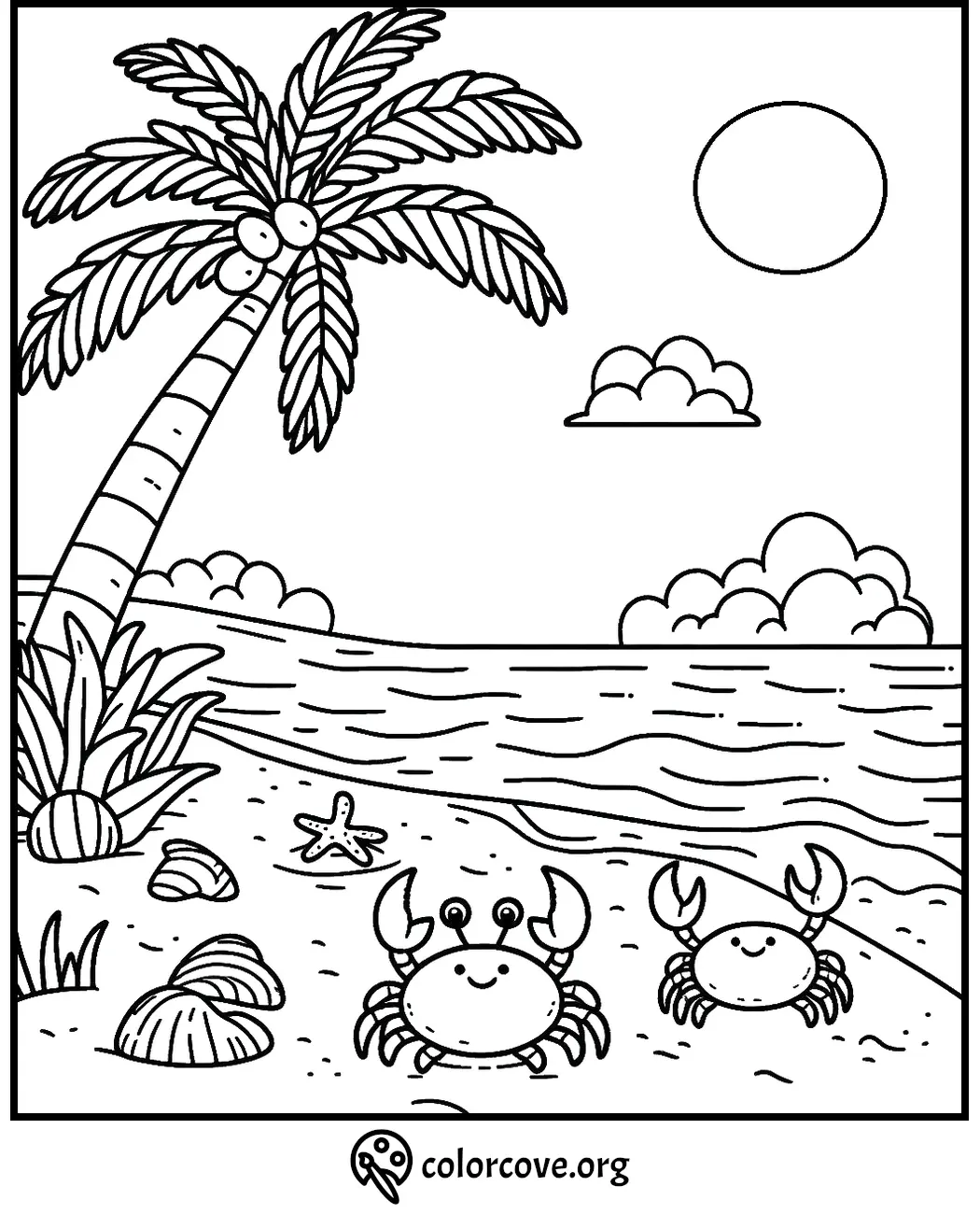 Coloring page with a beach scene featuring crabs, seashells, a starfish, palm tree, ocean, and a sunny sky.