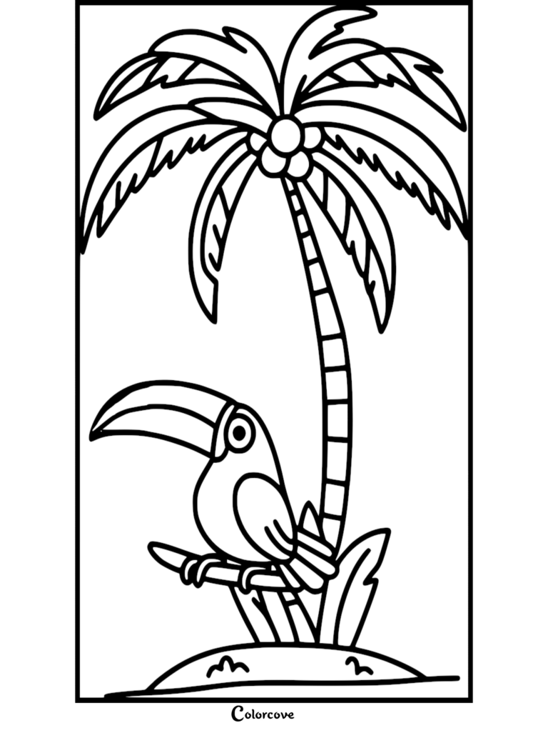 Palm Tree Coloring Pages Free Printable 19 featuring a toucan on a tropical island