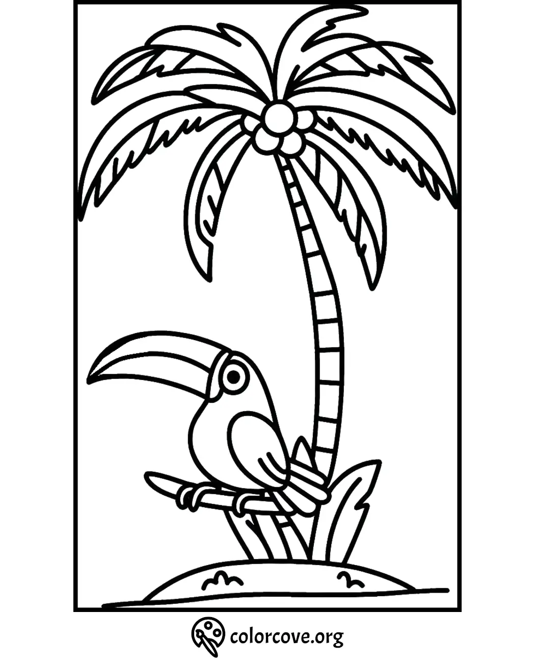 Toucan perched on branch under a palm tree, tropical coloring page for kids, printable wildlife scene - colorcove.org.