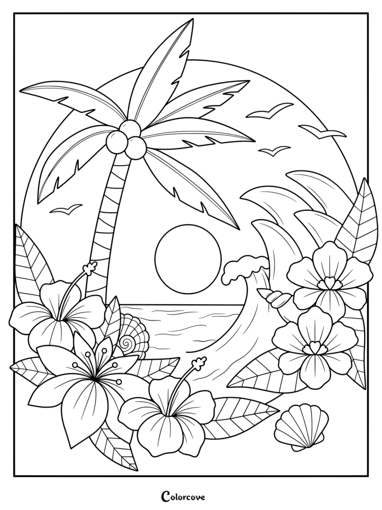 Tropical palm tree coloring page featuring a beach scene with ocean waves, hibiscus flowers, seashells, and a setting sun.