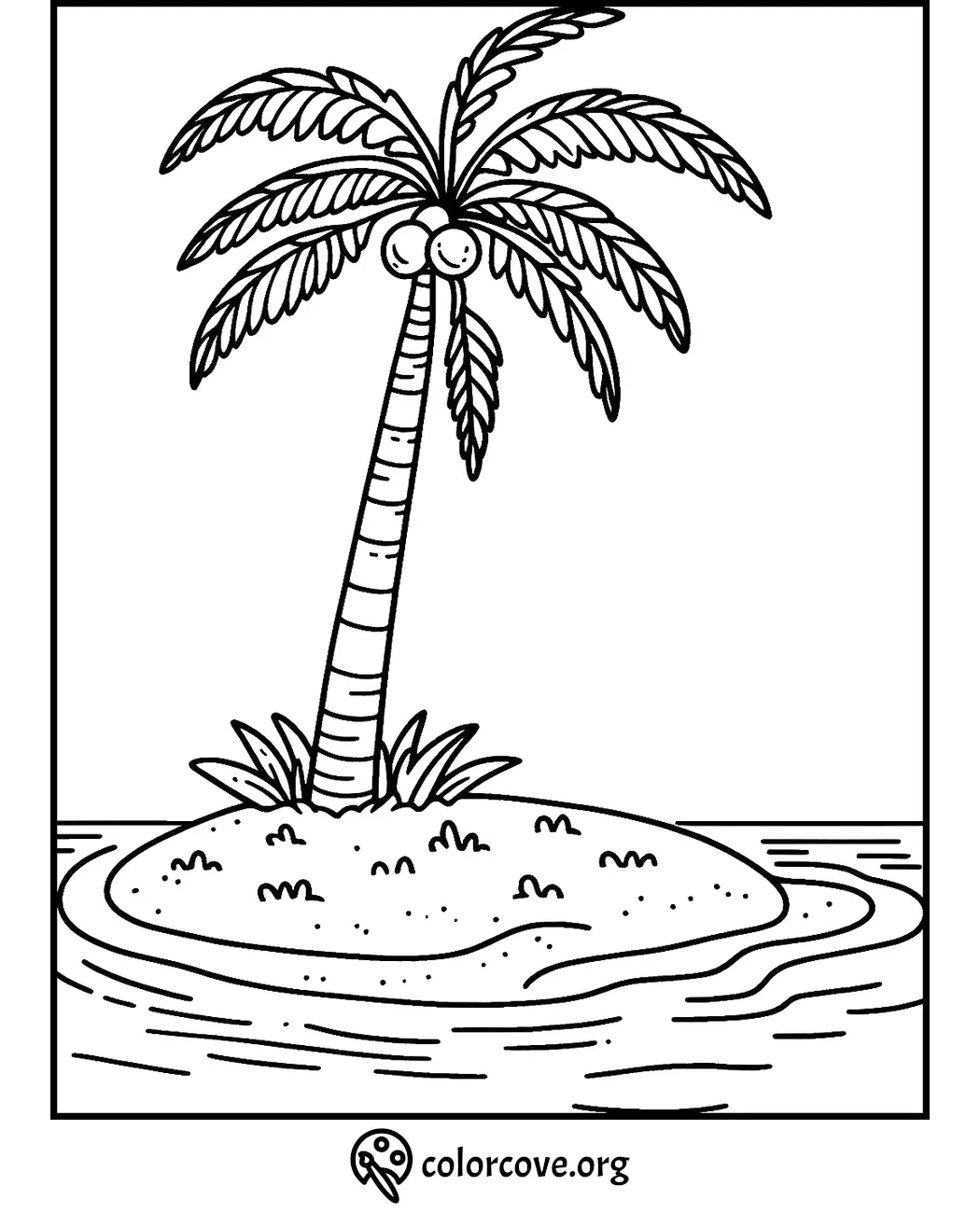 Coloring page featuring a tropical island with a palm tree and coconuts, surrounded by calm ocean waves.