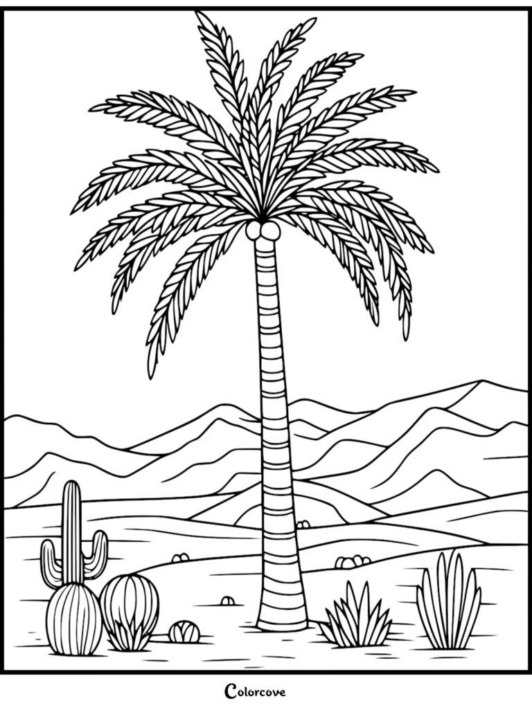 Palm Tree Coloring Pages Free Printable 20 featuring a tall palm tree and cacti in the desert landscape