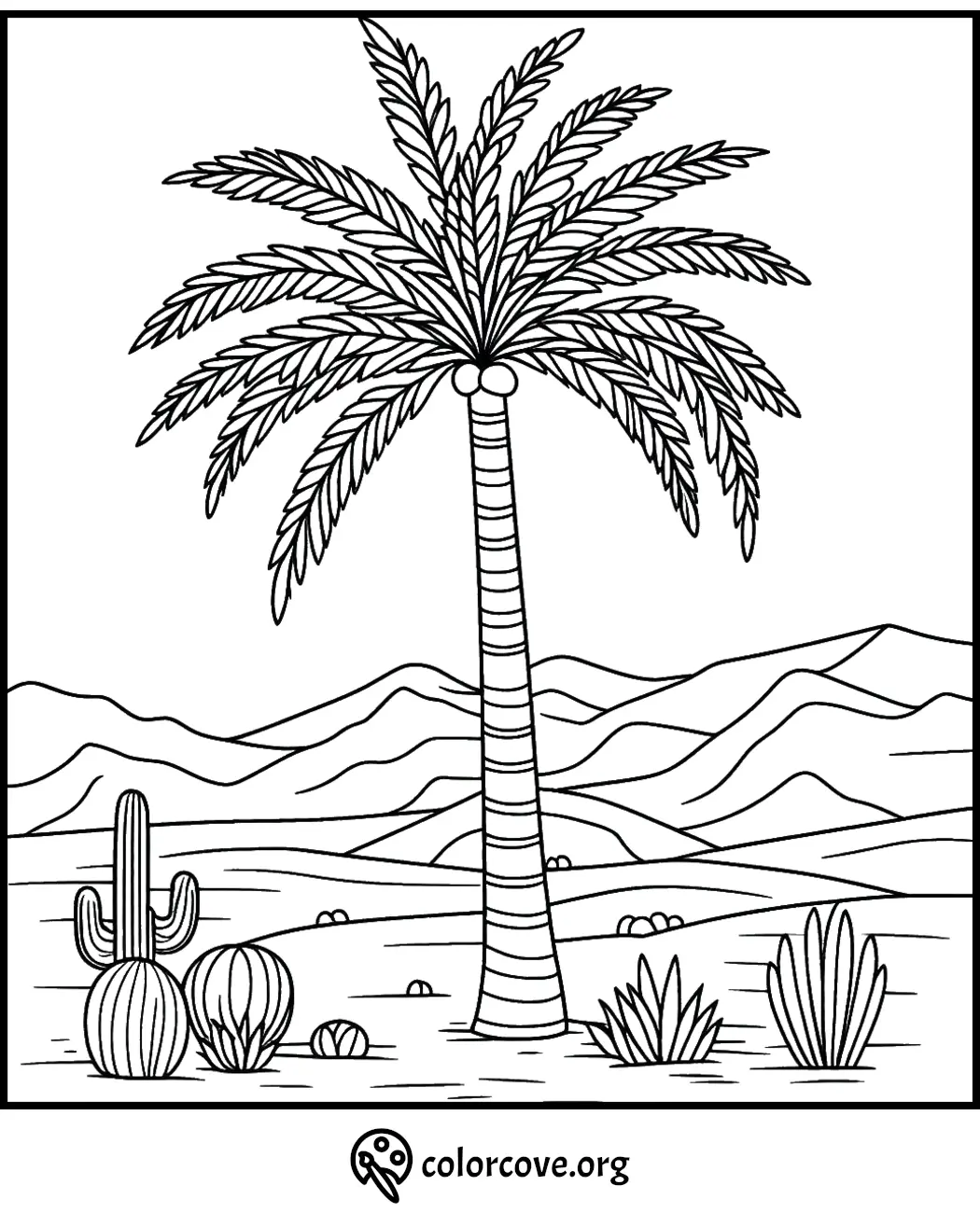 Desert scene coloring page with a palm tree, cacti, and mountains in the background; great for kids and adults.