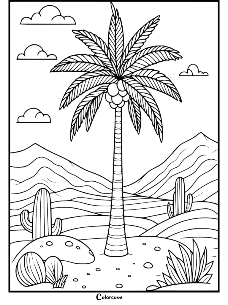 Relaxing Palm Tree coloring page featuring a tall palm tree with coconuts and cactuses in a desert landscape
