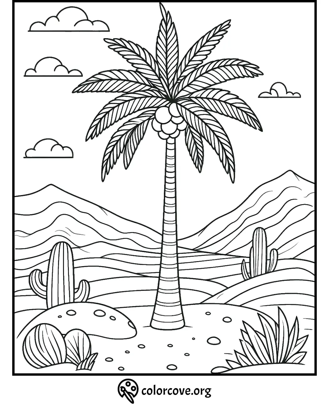 Desert landscape coloring page with palm tree, cacti, and mountains under a cloudy sky - stress relief art therapy.