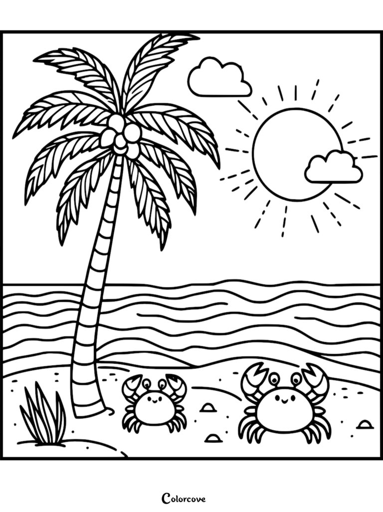 Palm tree coloring page featuring two friendly crabs on a sandy beach under a bright sun
