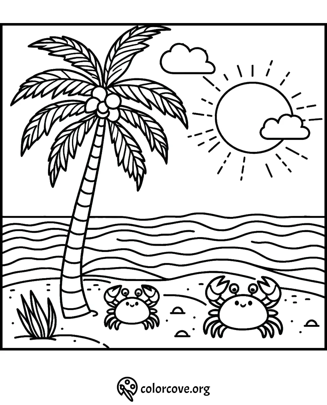 Tropical beach coloring page with palm tree, bright sun, ocean waves, and two cute crabs on the sandy shore.