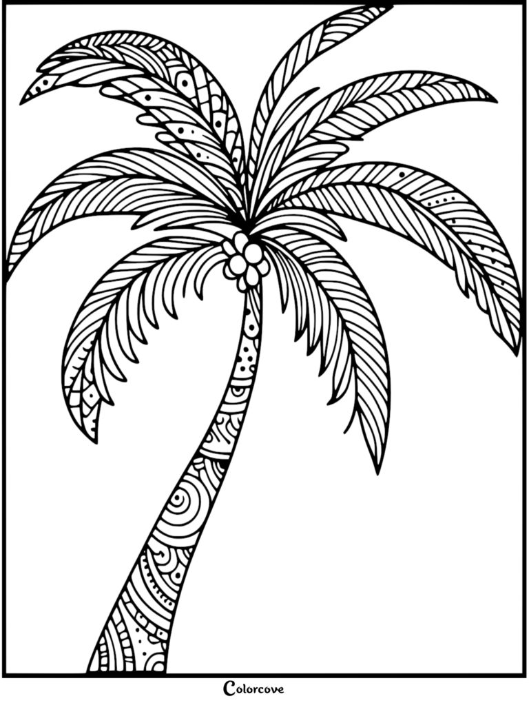 Relaxing Palm Tree coloring page with intricate patterns on fronds and trunk
