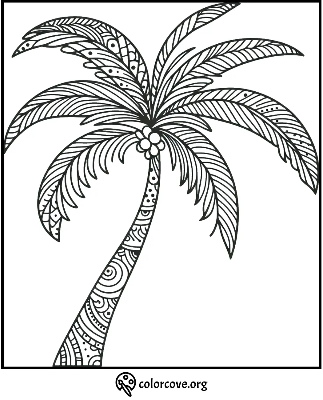 Detailed palm tree coloring page with intricate patterns on the trunk and leaves. Perfect for relaxation and creativity.