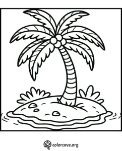 Coloring page featuring a tropical island with a palm tree, surrounded by water and small plants.