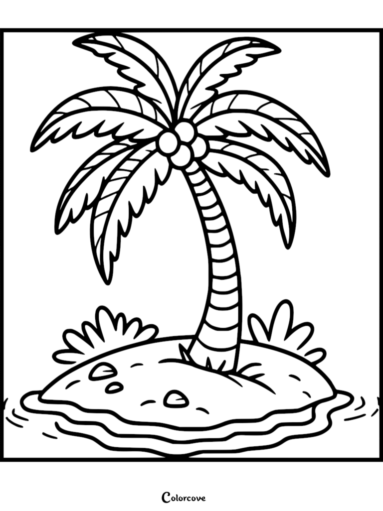 Palm Tree Coloring Pages Free Printable 24 showing a relaxing palm tree on a small tropical island with coconuts