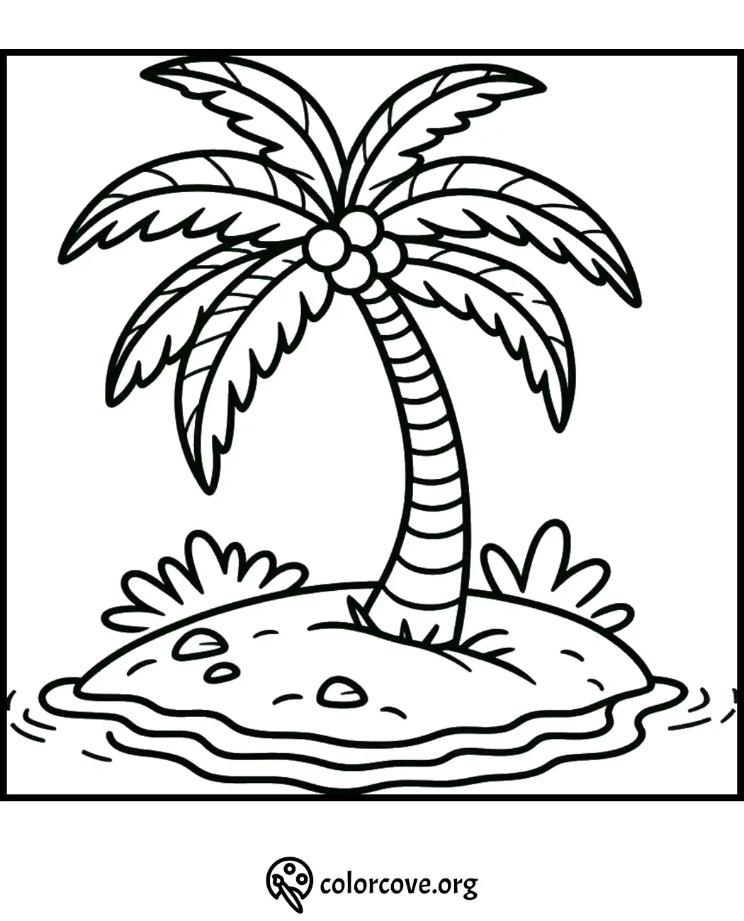 Coloring page featuring a tropical island with a palm tree, surrounded by water and small plants.