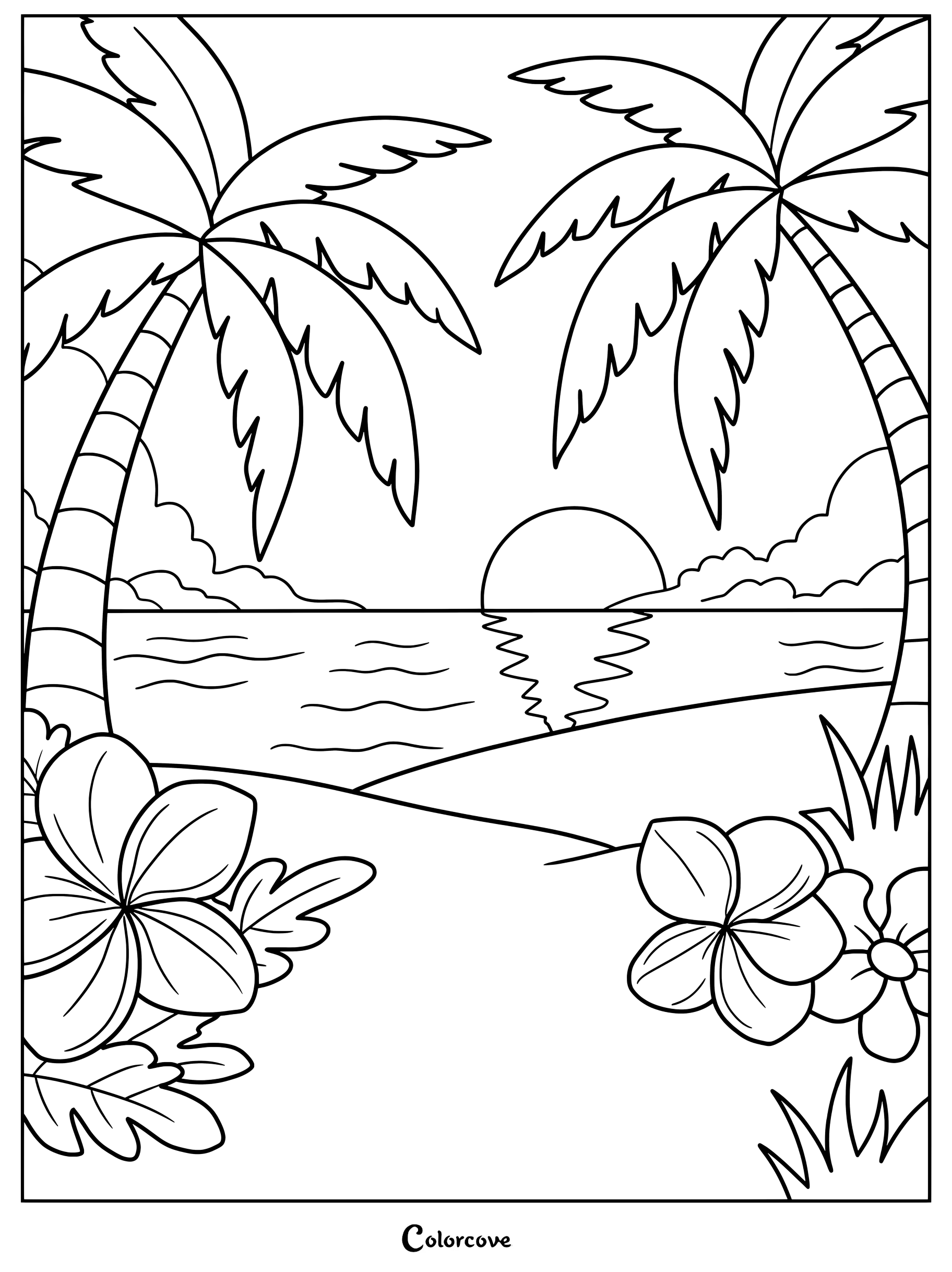 Página para colorear de atardecer tropical con palmeras y flores tropicales enmarcando una vista serena de la playa