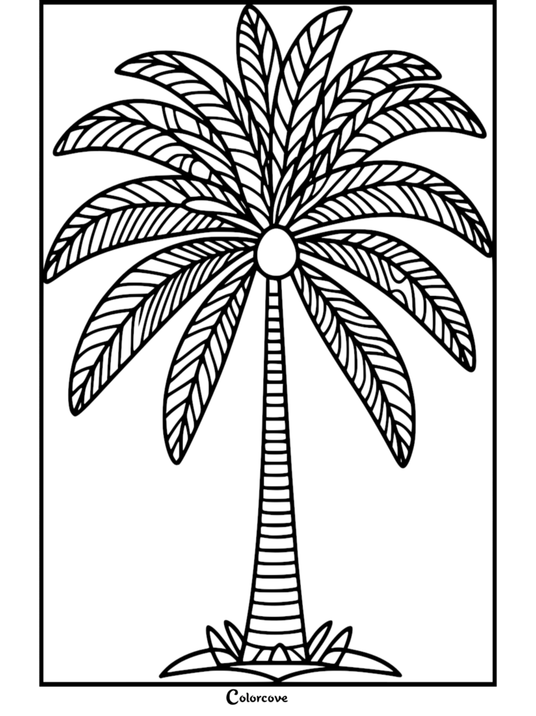 Detailed palm tree coloring page featuring intricate leaf patterns and a striped trunk
