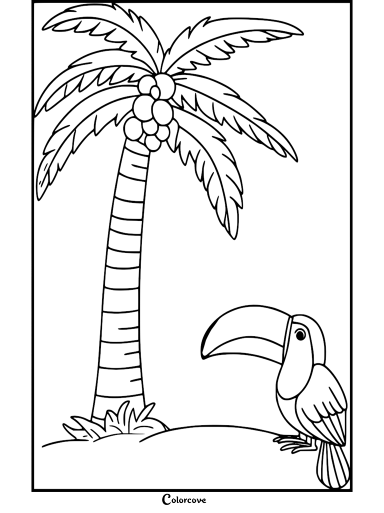 Relaxing palm tree coloring page featuring a toucan