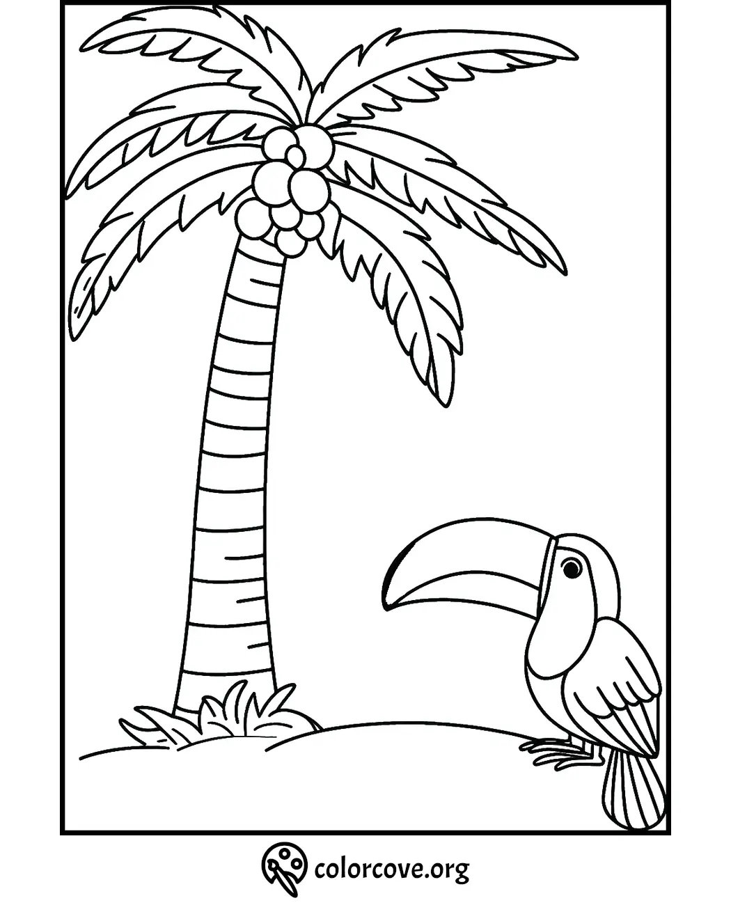 Tropical coloring page featuring a palm tree with coconuts and a toucan. ColorCove.org