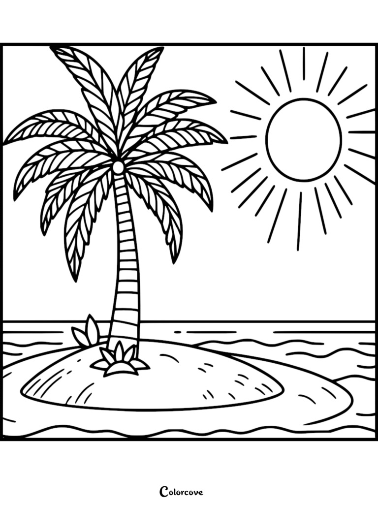Relaxing Palm Tree Coloring Pages Free Printable 5 featuring a tropical island with a bright sun and ocean waves