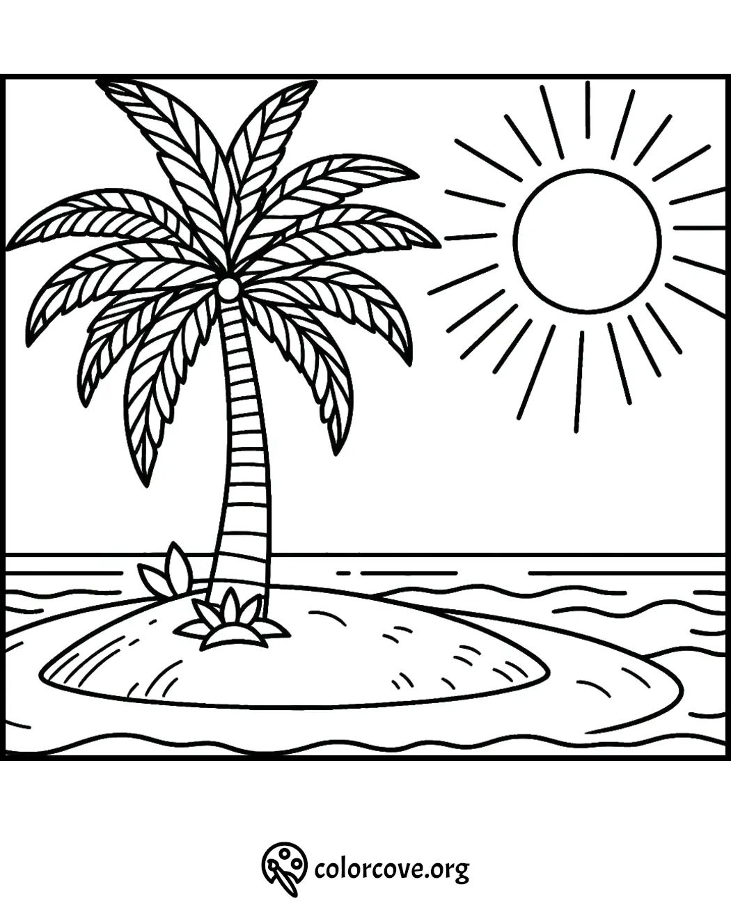 Palm tree on a small island under the sun, printable beach coloring page for kids.