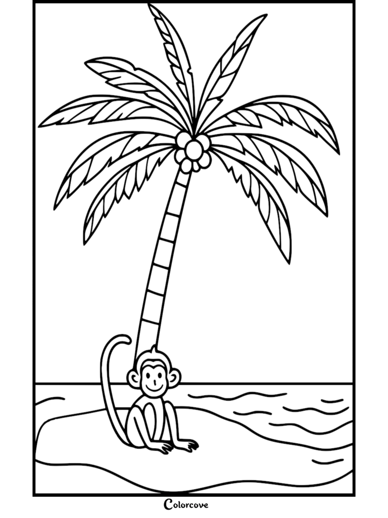 Palm Tree Coloring Pages Free Printable 6 featuring a monkey sitting by a palm tree near the ocean