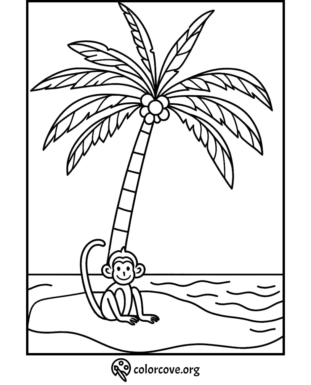 Coloring page of a cute monkey sitting under a palm tree on a beach near the sea. Perfect for kids to color.