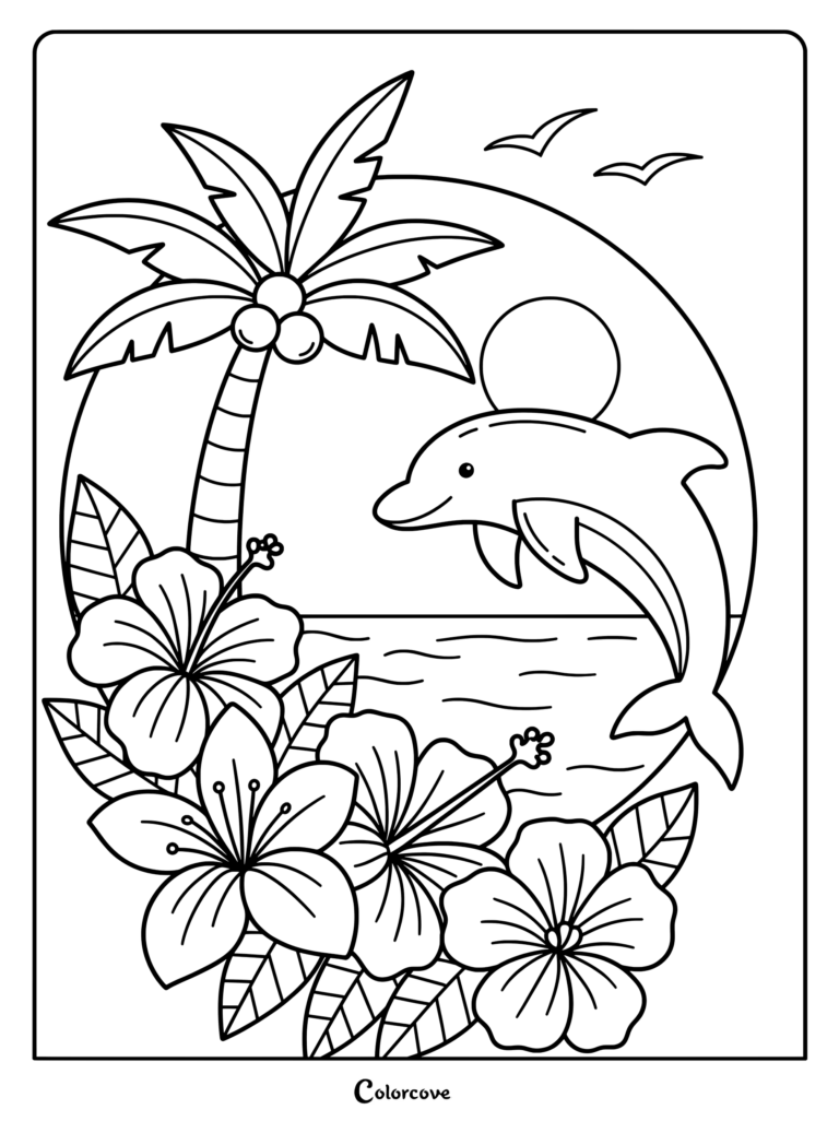 A printable coloring page featuring a palm tree, tropical flowers, and a jumping dolphin against a sunset.