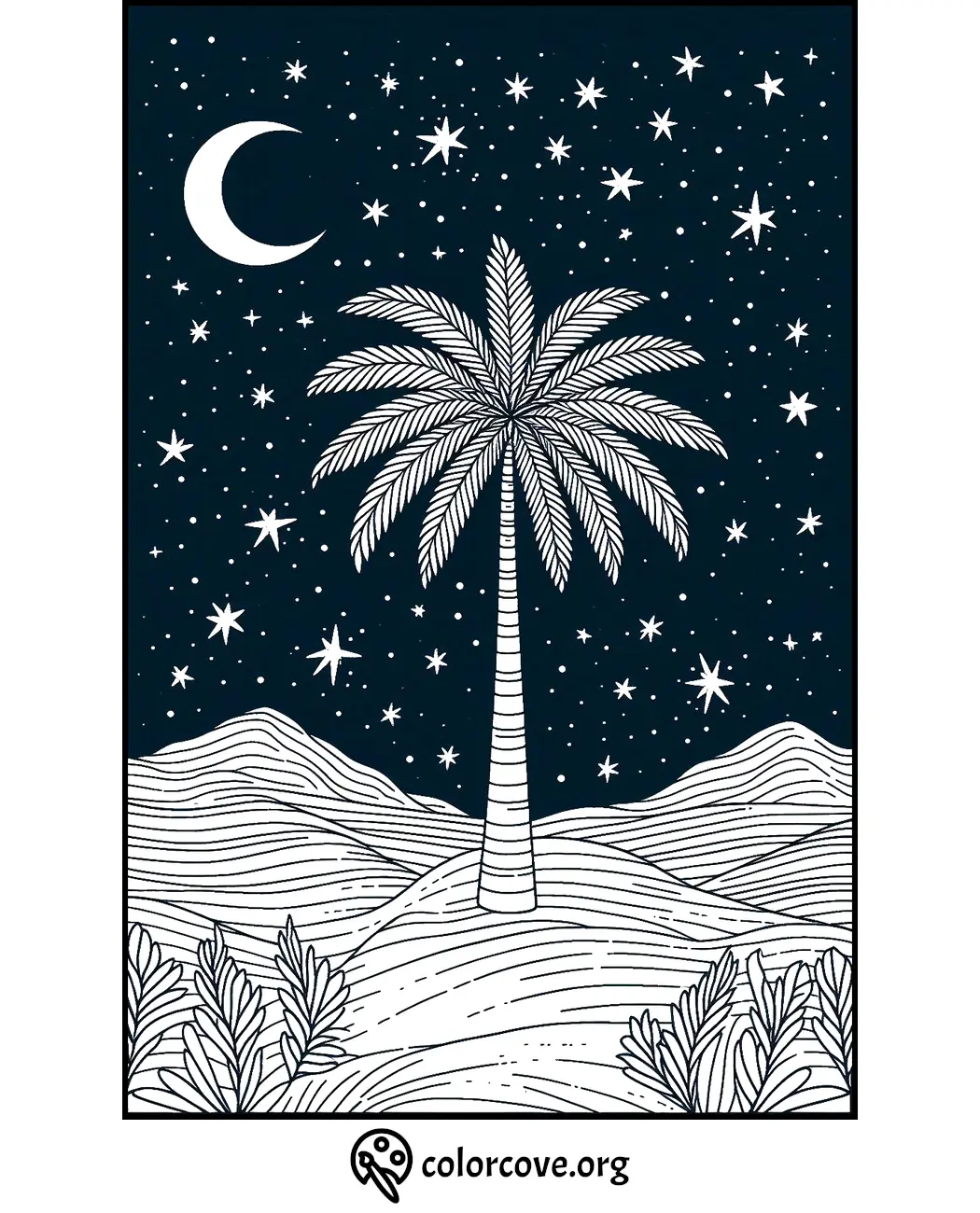 Coloring page of a palm tree under a crescent moon and starry sky, with mountains in the background. Colorcove.org design.