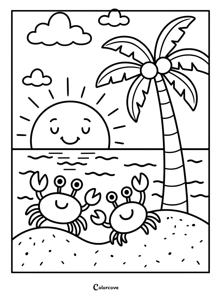 Two smiling crabs on a sandy tropical beach coloring page featuring a palm tree, ocean, and smiling sun