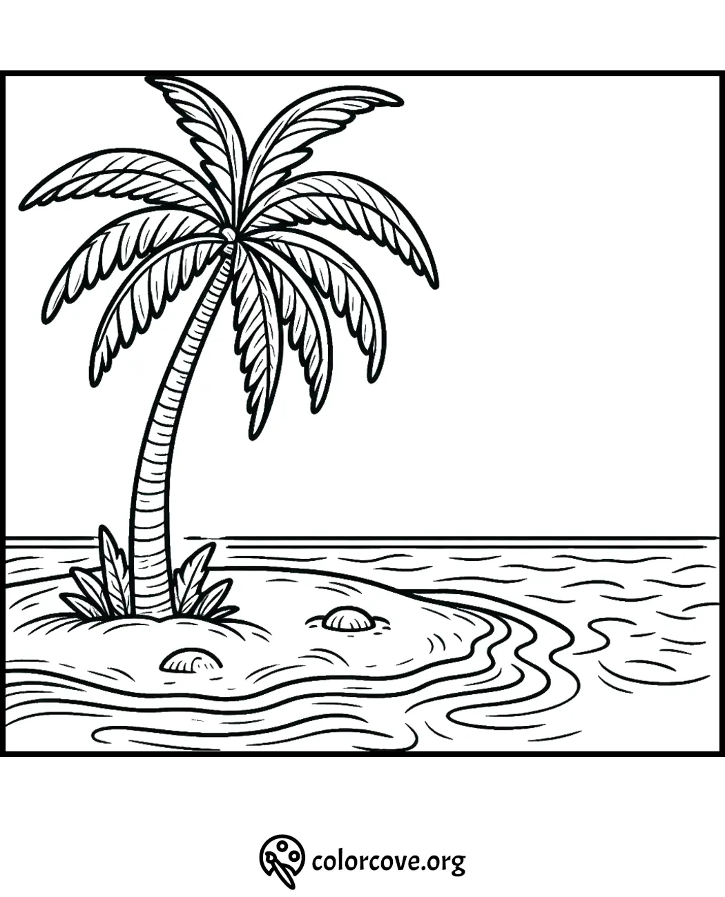 Coloring page featuring a serene beach scene with a palm tree on a small island, surrounded by calm ocean waves.