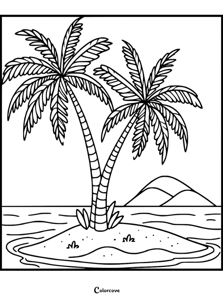 Palm Tree Coloring Pages Free Printable 9 featuring two palm trees on a tropical island