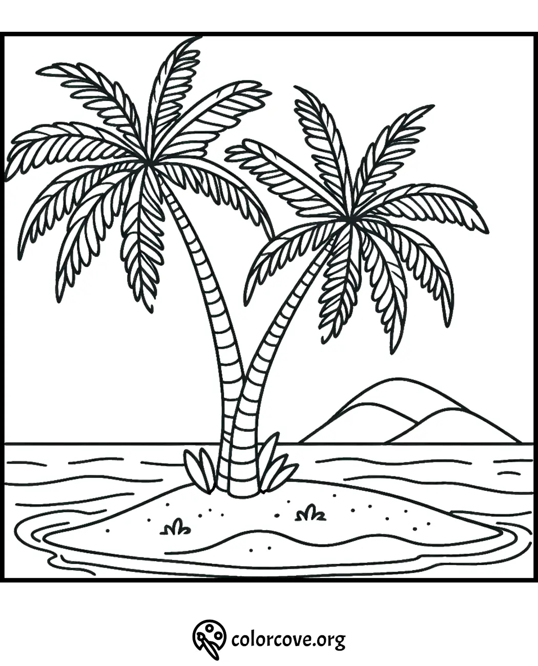 Simple tropical island coloring page with palm trees and distant hills by the sea. Ideal for kids and adult relaxation.