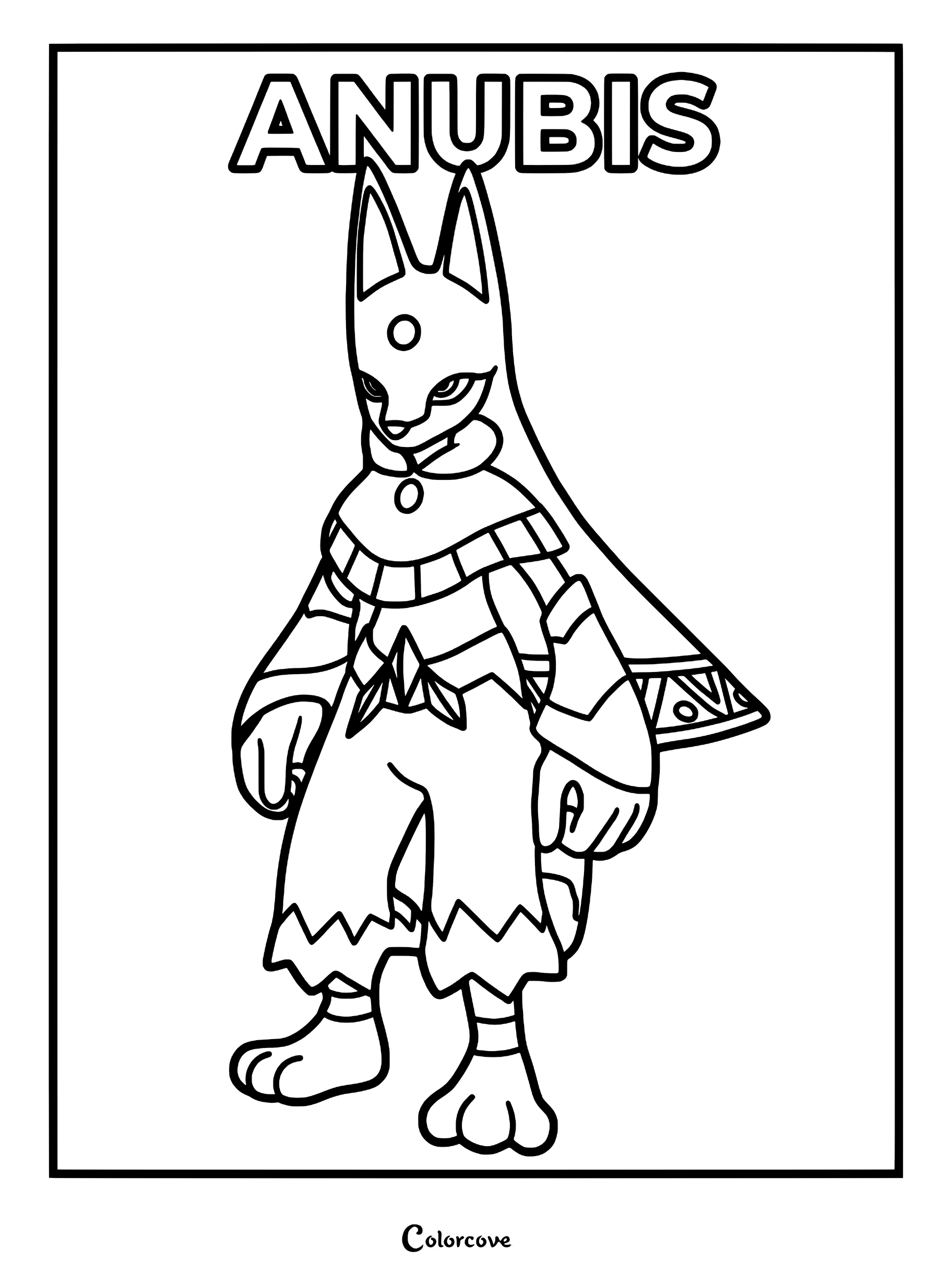 Anubis from Palworld standing in a regal pose, featuring detailed jackal-like ears and ornate Egyptian-inspired clothing in this printable coloring page.