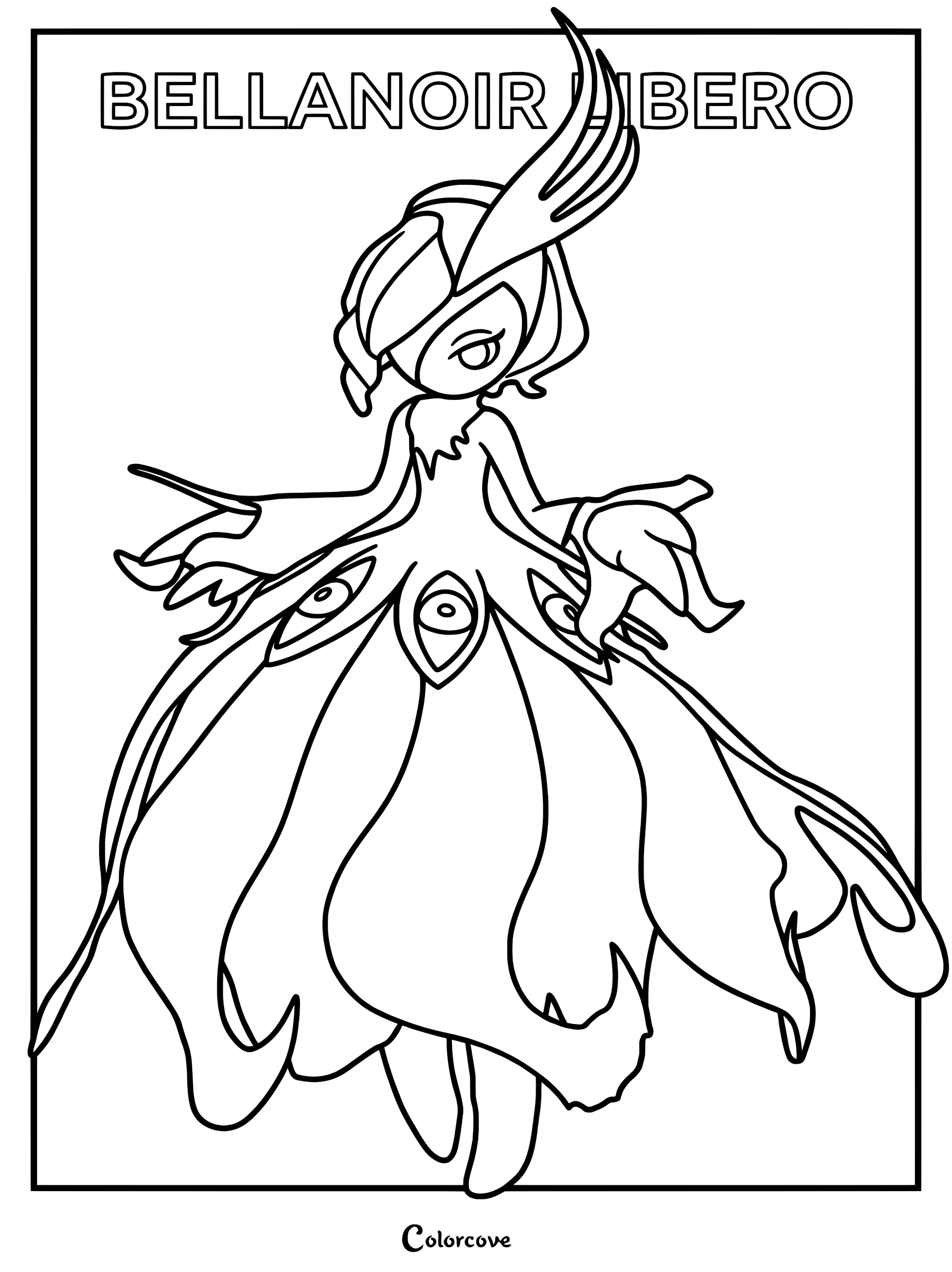 Bellanoir Libero coloring page featuring the Pal with its signature eye-patterned dress and elegant flowing silhouette.