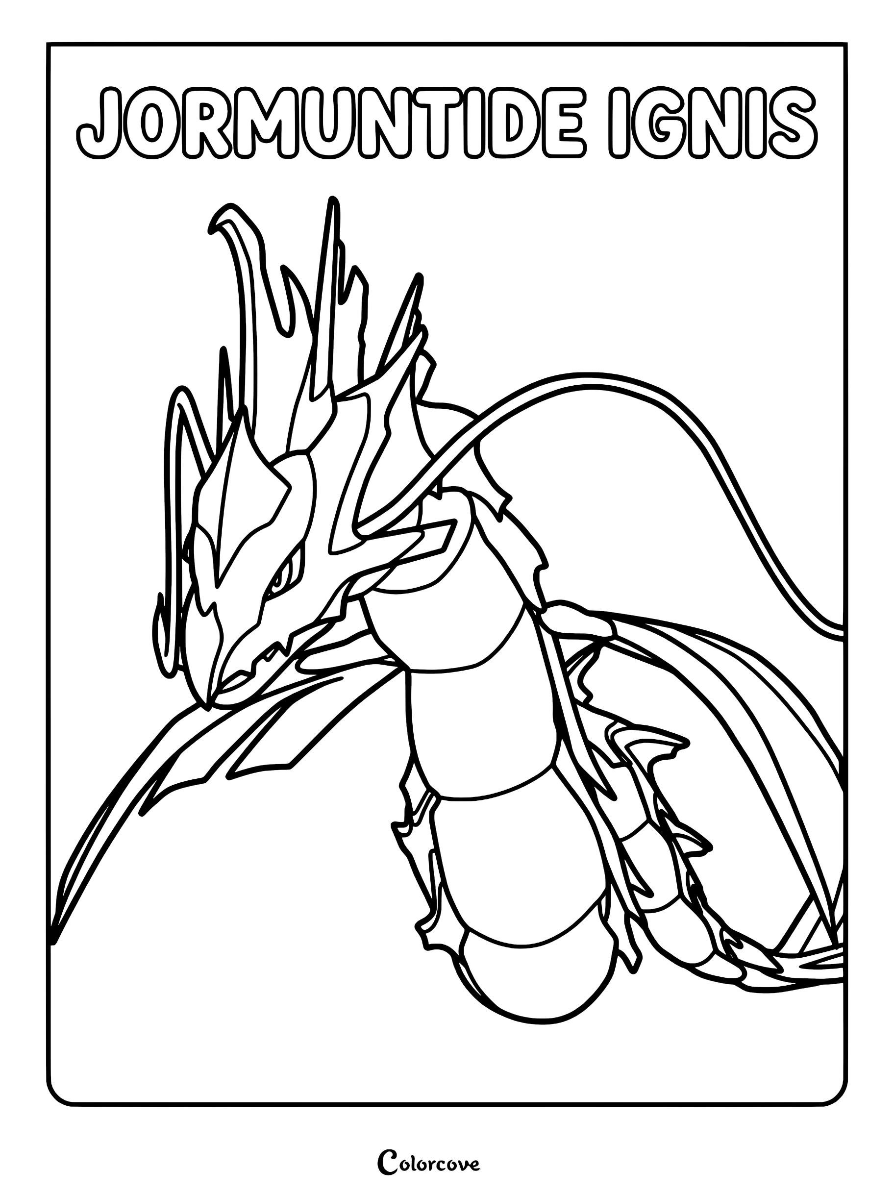 Detailed line art coloring page of the Palworld dragon Jormuntide Ignis with its signature crest and long serpentine body.