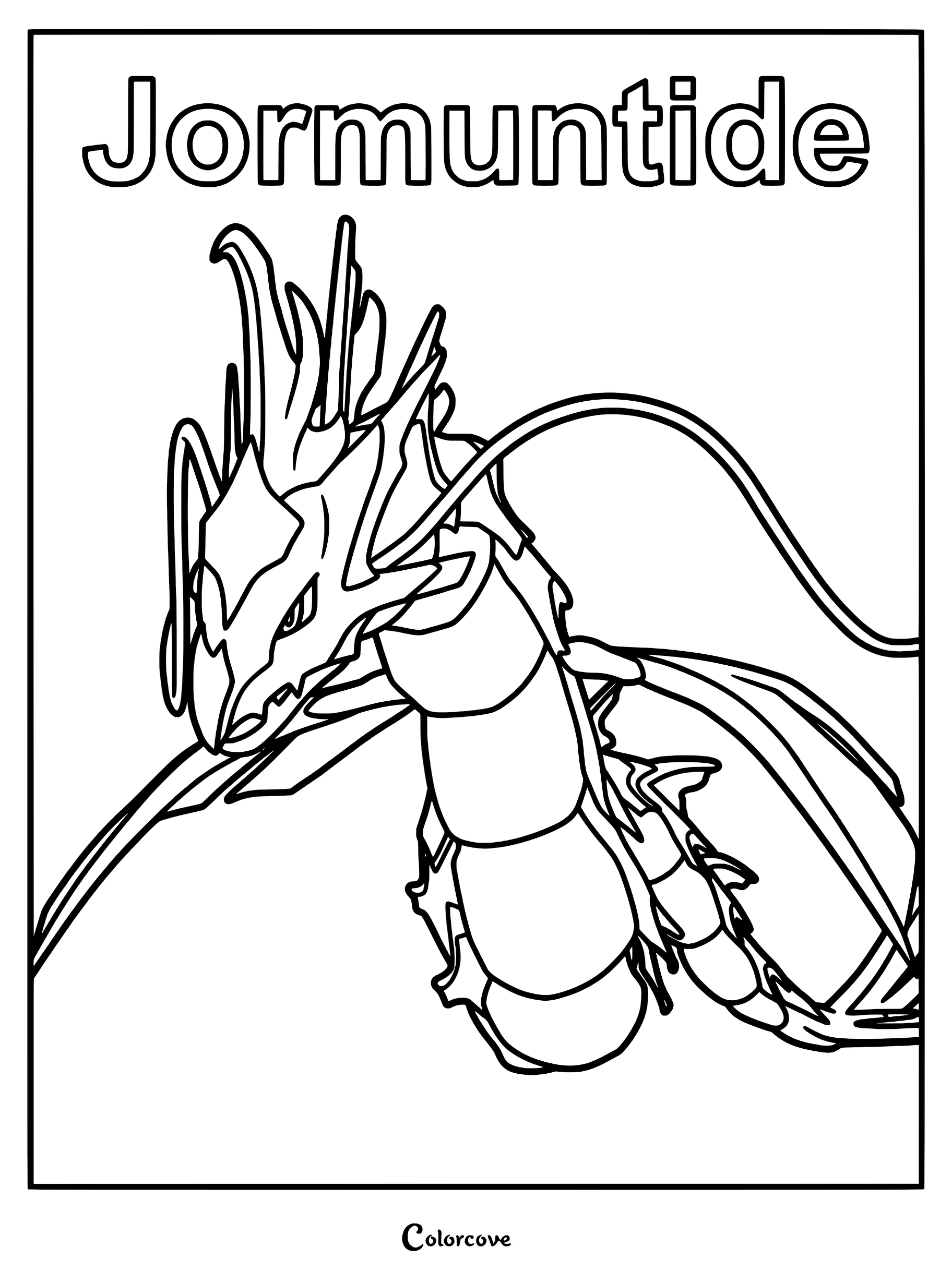 A detailed line art coloring page featuring the dragon-like Pal Jormuntide with its distinct head crest and long flowing whiskers.