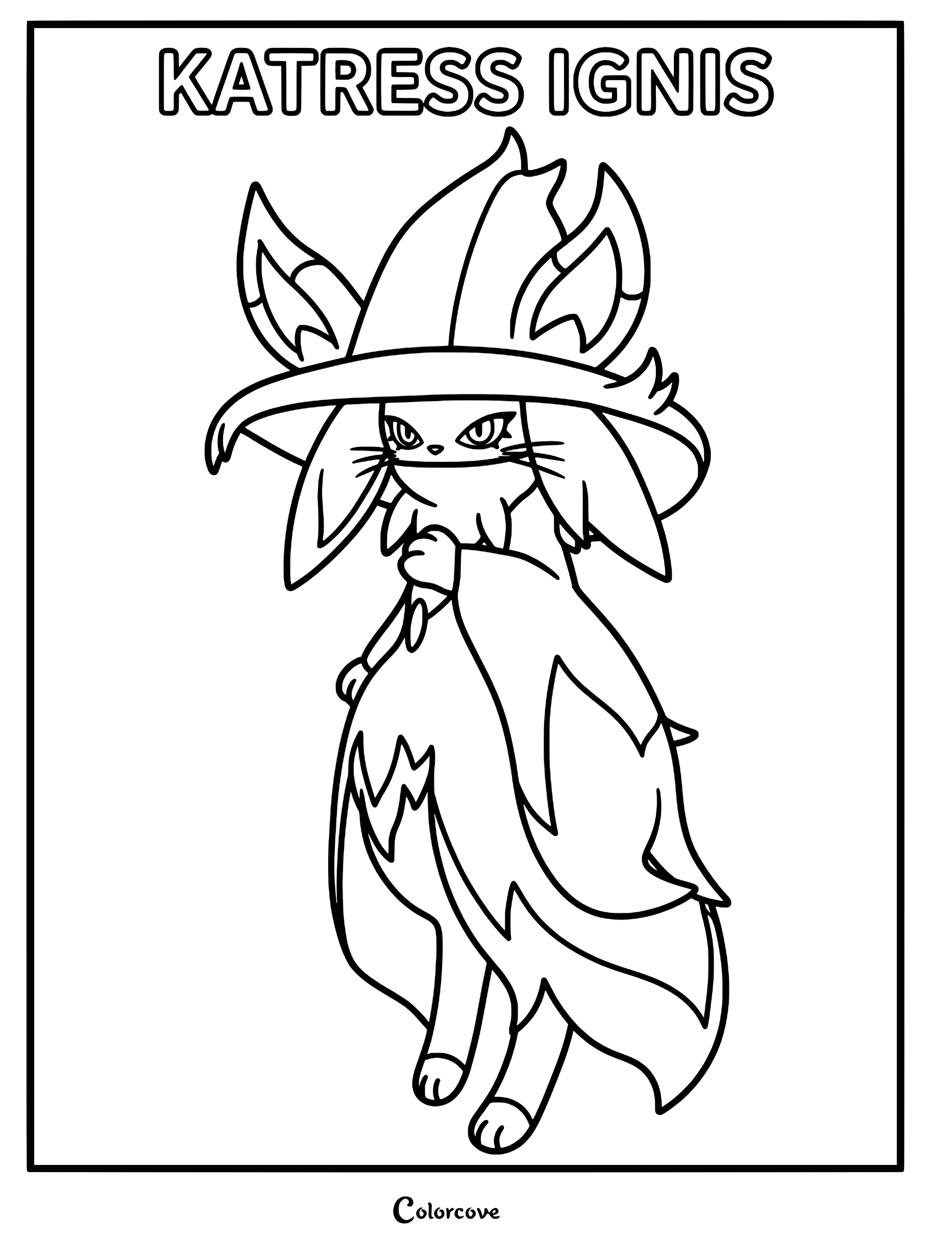 Katress Ignis from Palworld standing in a witch hat, line art coloring page.