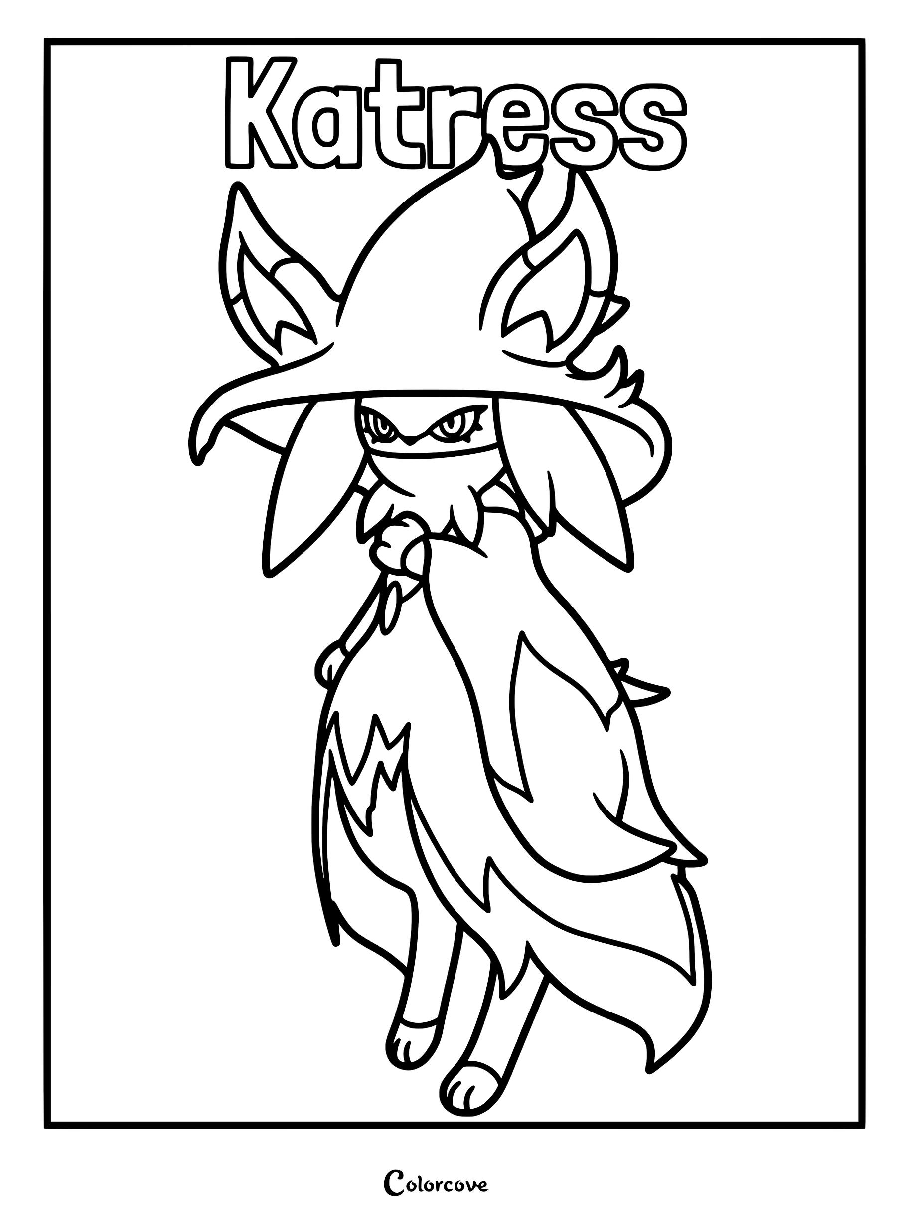 Katress from Palworld wearing a wide-brimmed witch hat and cloak in a printable coloring page format.