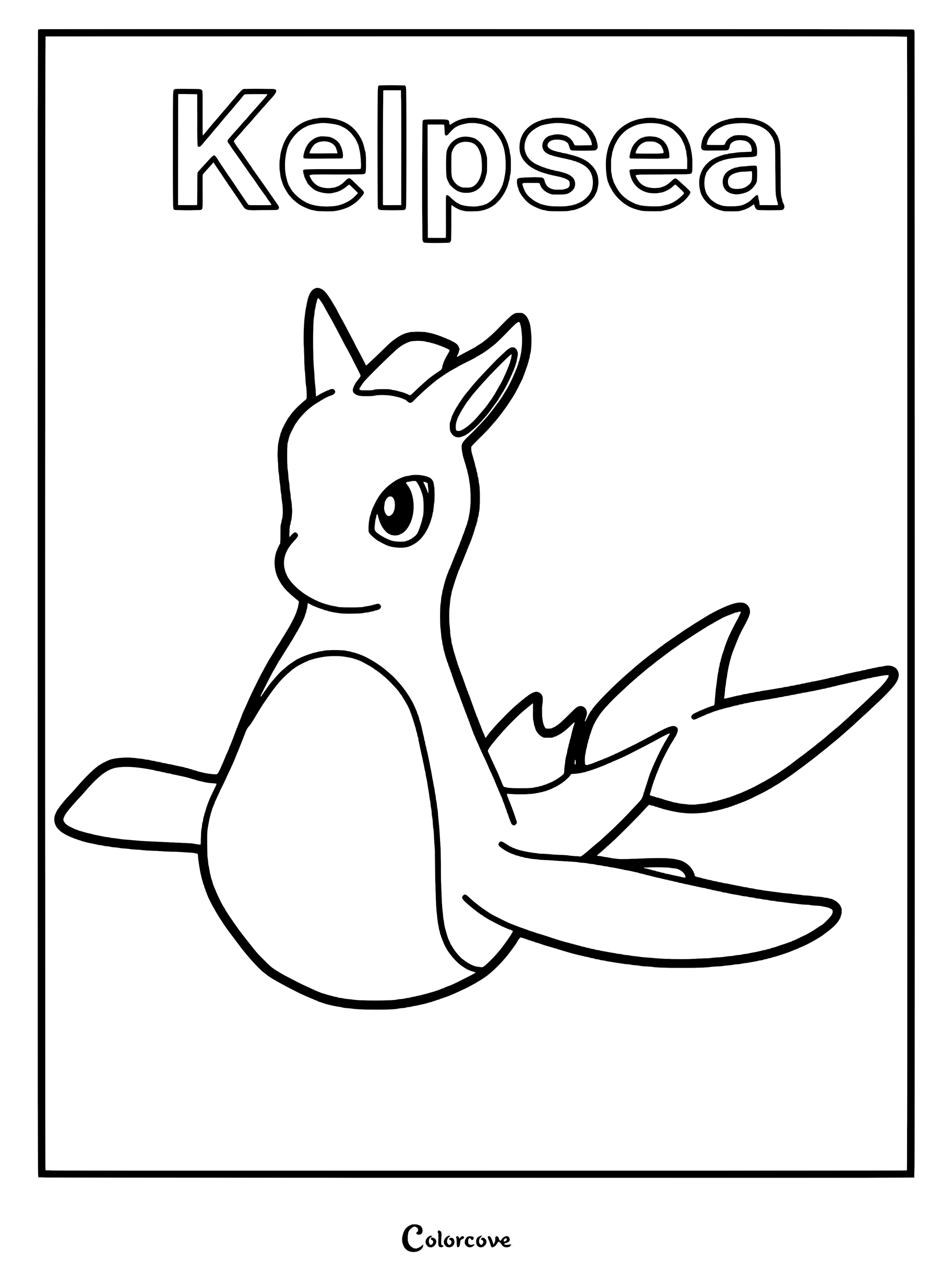 Kelpsea from Palworld shown in a simple line art coloring page style with its name clearly printed above.