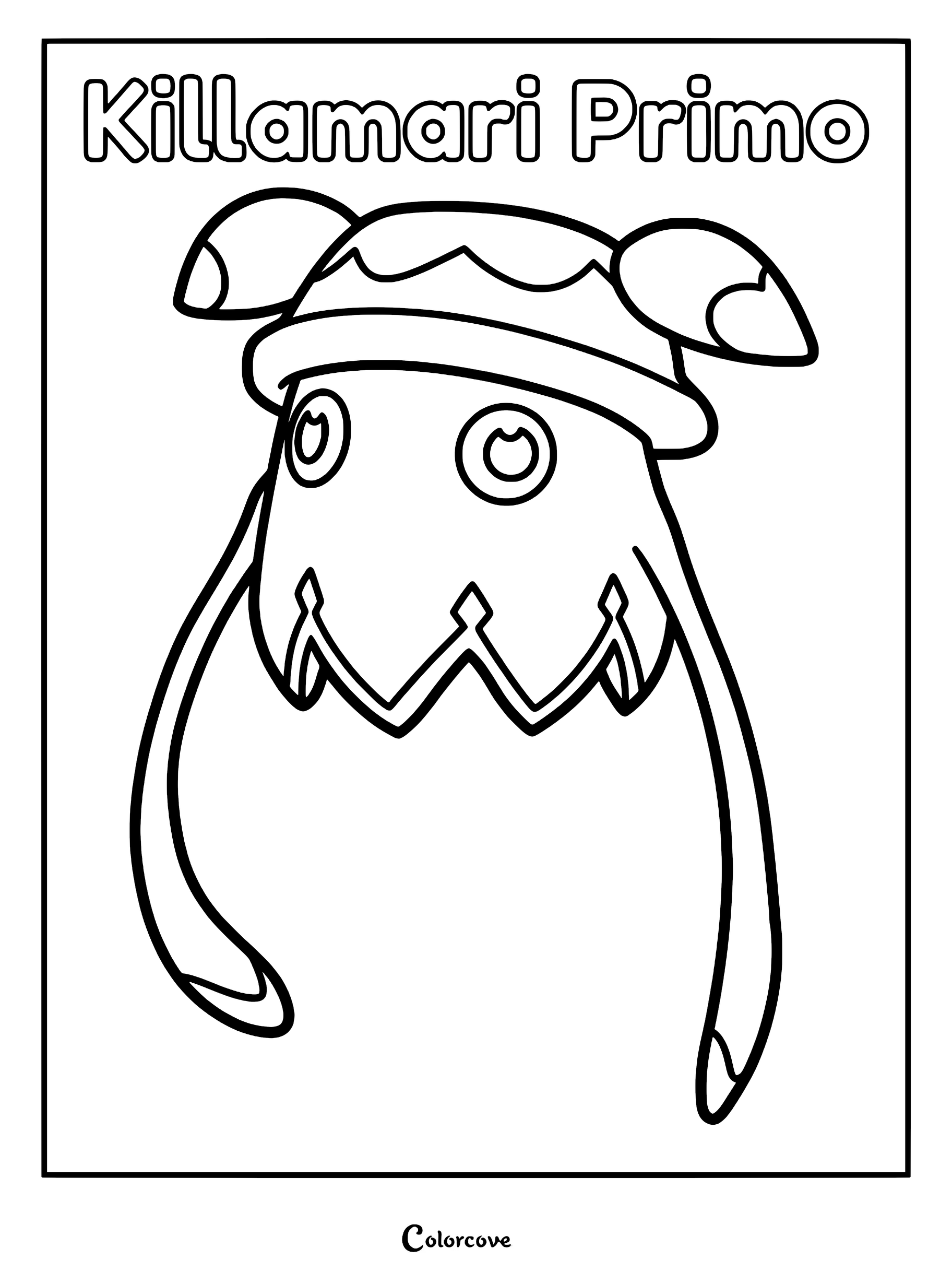 A printable coloring page featuring the Palworld character Killamari Primo with its distinct jellyfish-like head and dangling tentacles.