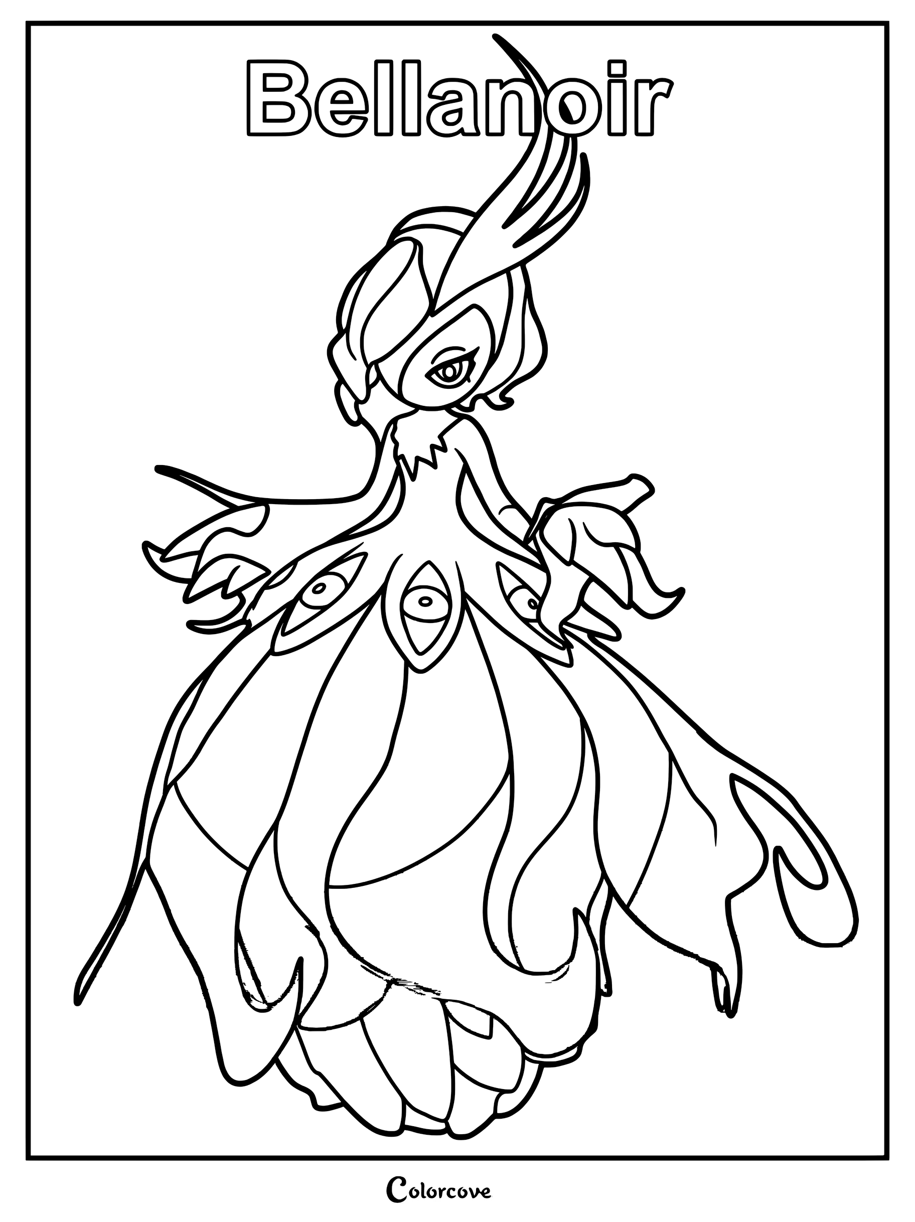 Bellanoir from Palworld standing in a graceful pose, featuring a detailed gown with eye-like patterns, presented as a high-quality printable coloring page.