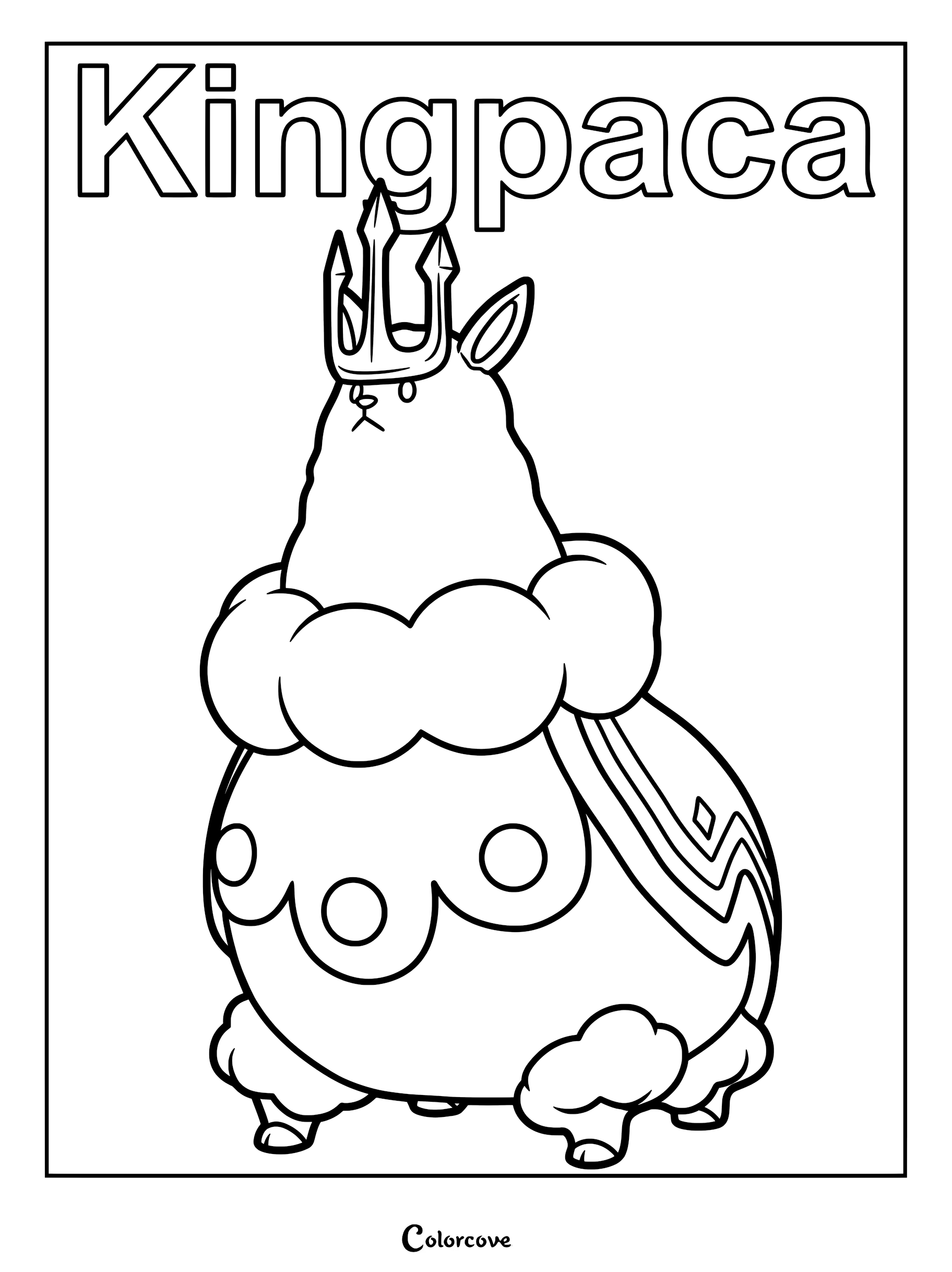 Kingpaca from Palworld wearing a crown, printable coloring page featuring the regal alpaca-like creature with fluffy wool and distinct markings.