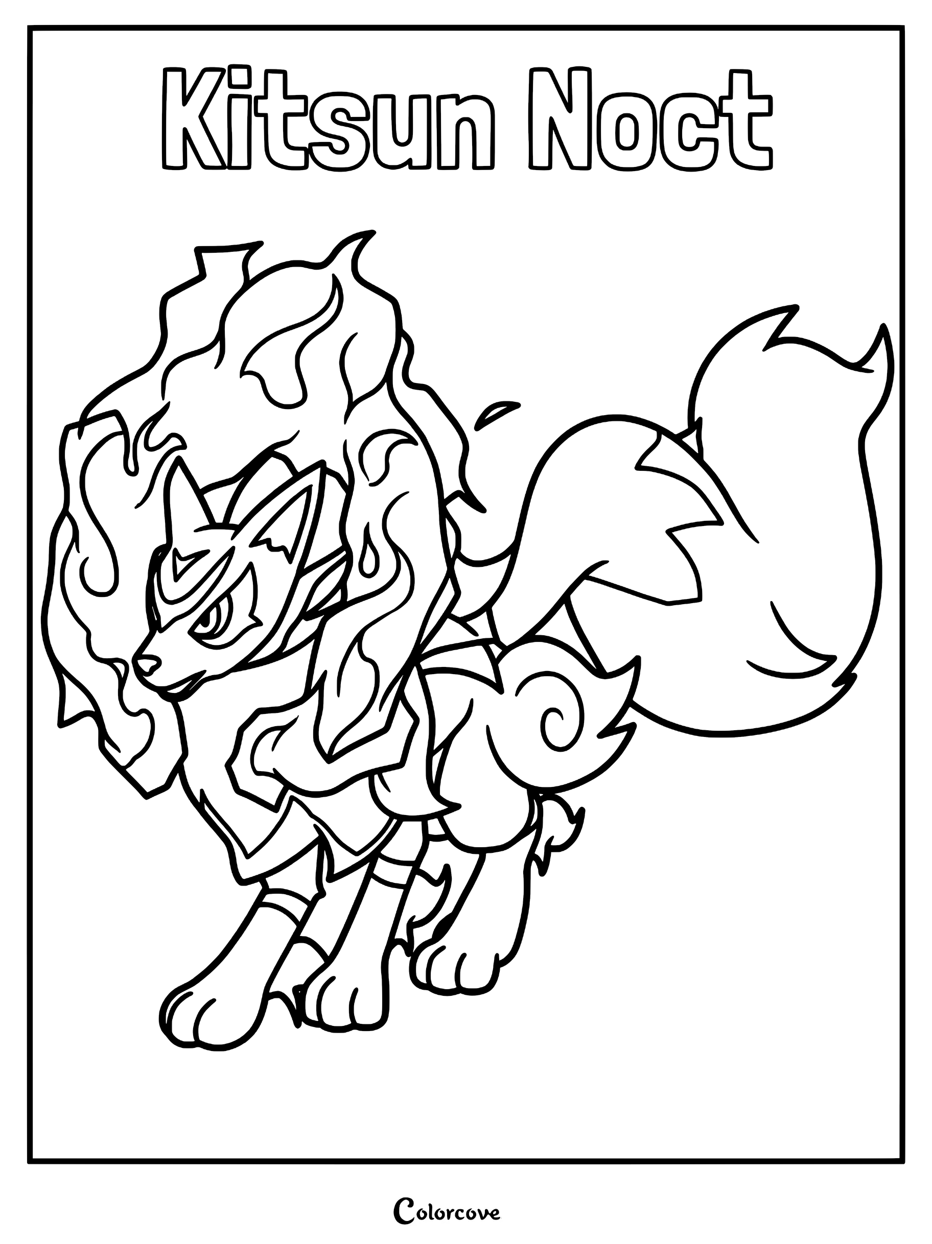 A detailed line art coloring page of the Palworld creature Kitsun Noct, featuring its signature fox-like appearance and flowing mane.