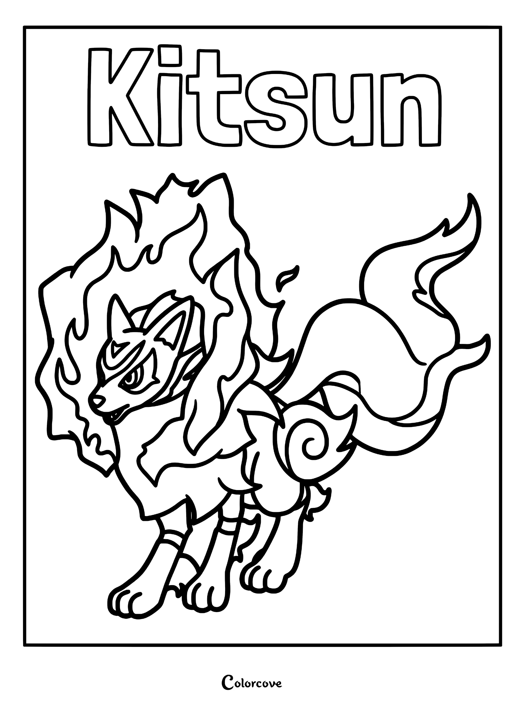 Kitsun from Palworld with flaming mane and tail in a printable coloring page format.