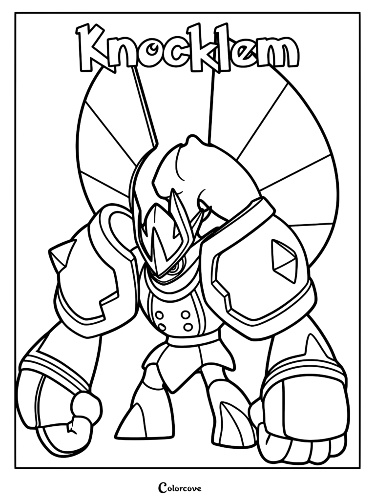 Knocklem from Palworld standing in a powerful pose, featured in a printable line art coloring page.