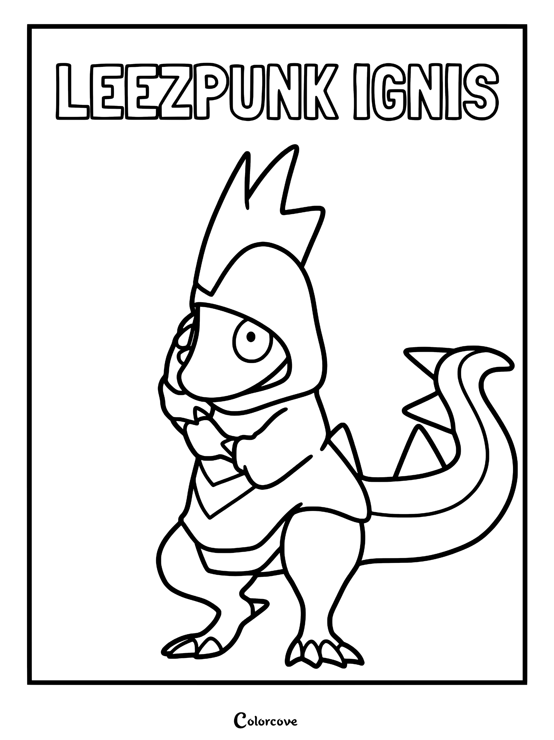Leezpunk Ignis standing in a hoodie, detailed line art coloring page for kids.